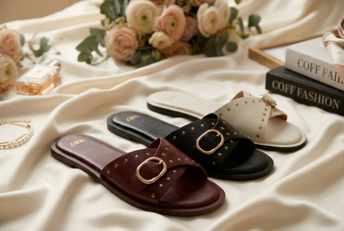 Studded buckled cross-strap flat sandals